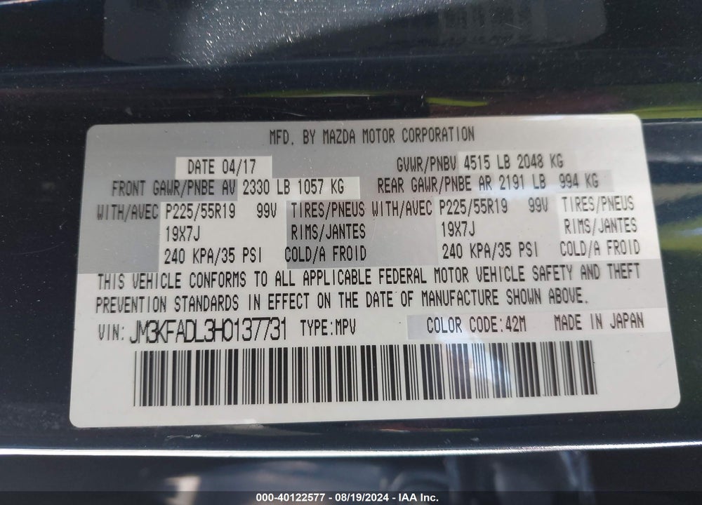 2017 MAZDA CX-5 GRAND TOURING VIN: JM3KFADL3H0137731