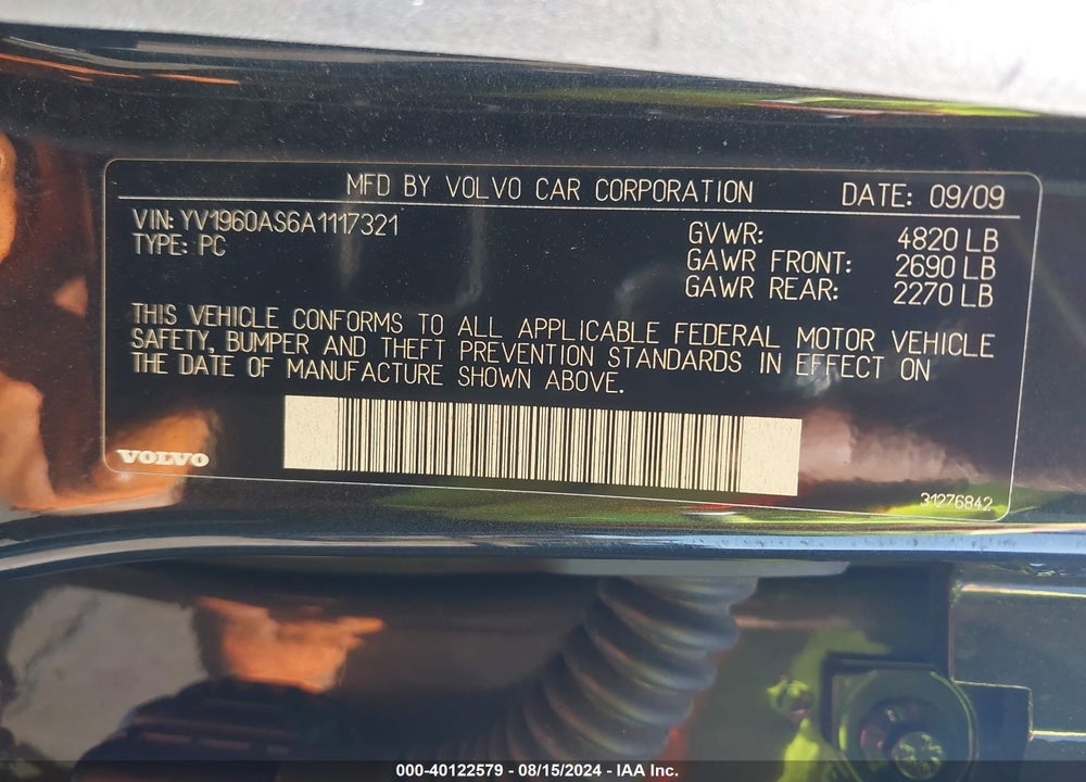2010 VOLVO S80 3.2 VIN: YV1960AS6A1117321