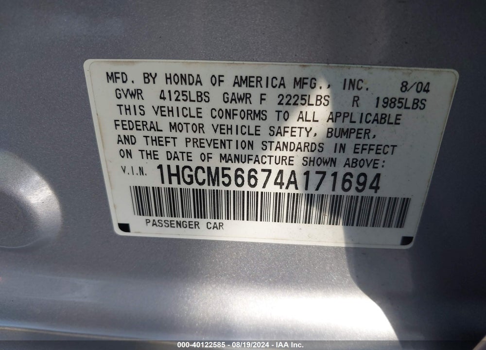 2004 HONDA ACCORD VIN: 1HGCM56674A171694