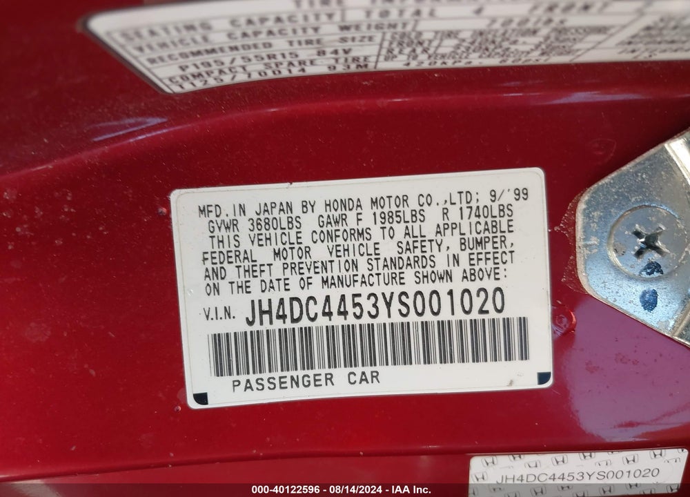 2000 ACURA INTEGRA LS VIN: JH4DC4453YS001020