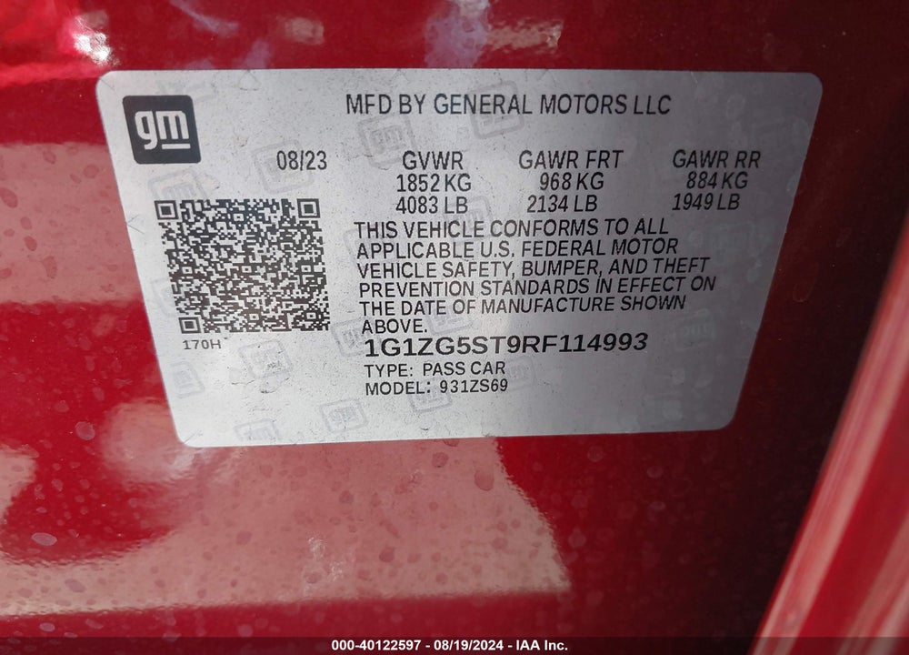 2024 CHEVROLET MALIBU FWD RS VIN: 1G1ZG5ST9RF114993