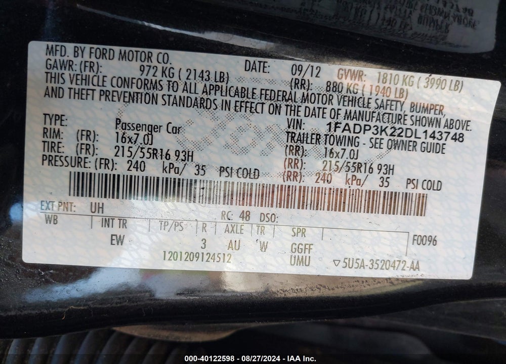 2013 FORD FOCUS SE VIN: 1FADP3K22DL143748