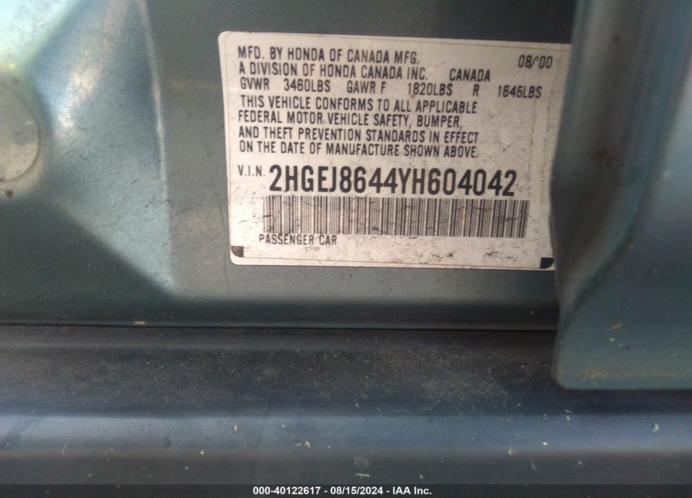 2000 HONDA CIVIC EX VIN: 2HGEJ8644YH604042