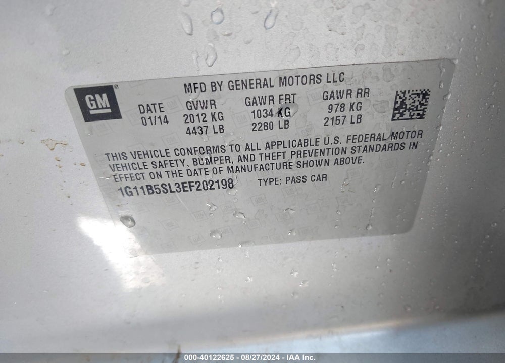 2014 CHEVROLET MALIBU VIN: 1G11B5SL3EF202198