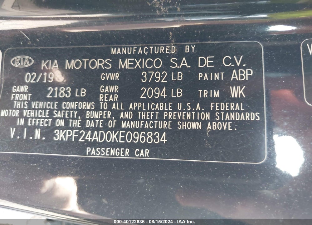 2019 KIA FORTE FE VIN: 3KPF24AD0KE096834