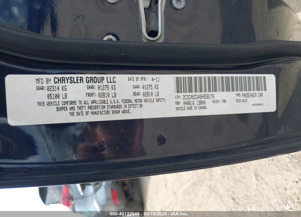2011 CHRYSLER 300 LIMITED VIN: 2C3CA5CG4BH558176