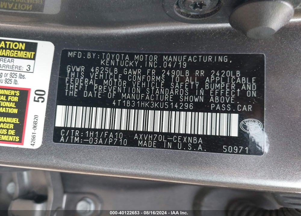 2019 TOYOTA CAMRY HYBRID LE VIN: 4T1B31HK3KU514296