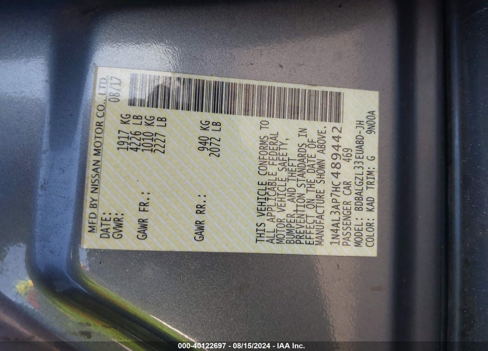 2017 NISSAN ALTIMA VIN: 1N4AL3AP7HC489442