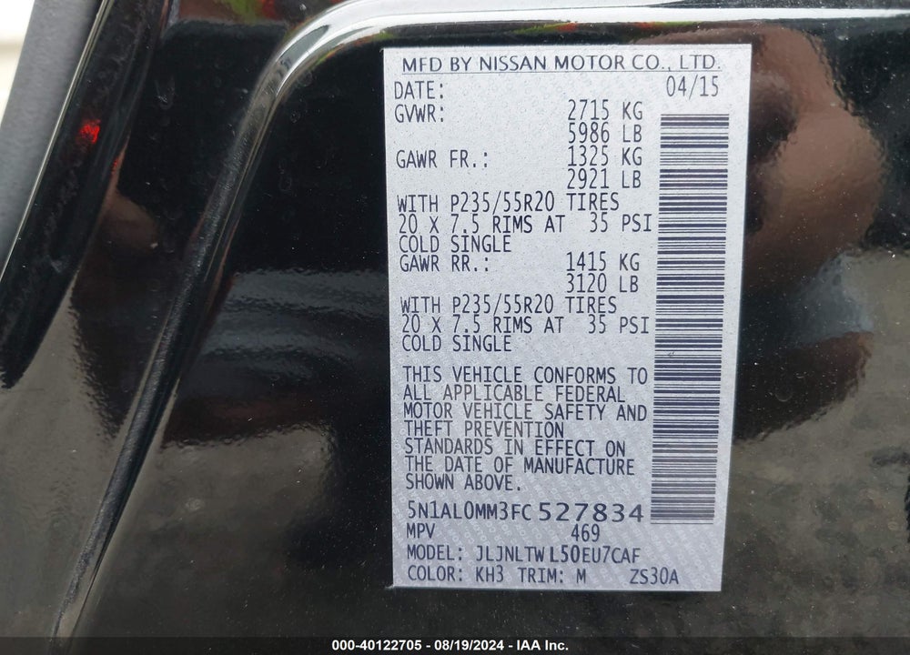 2015 INFINITI QX60 VIN: 5N1AL0MM3FC527834