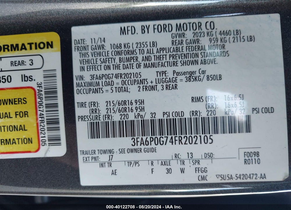 2015 FORD FUSION S VIN: 3FA6P0G74FR202105