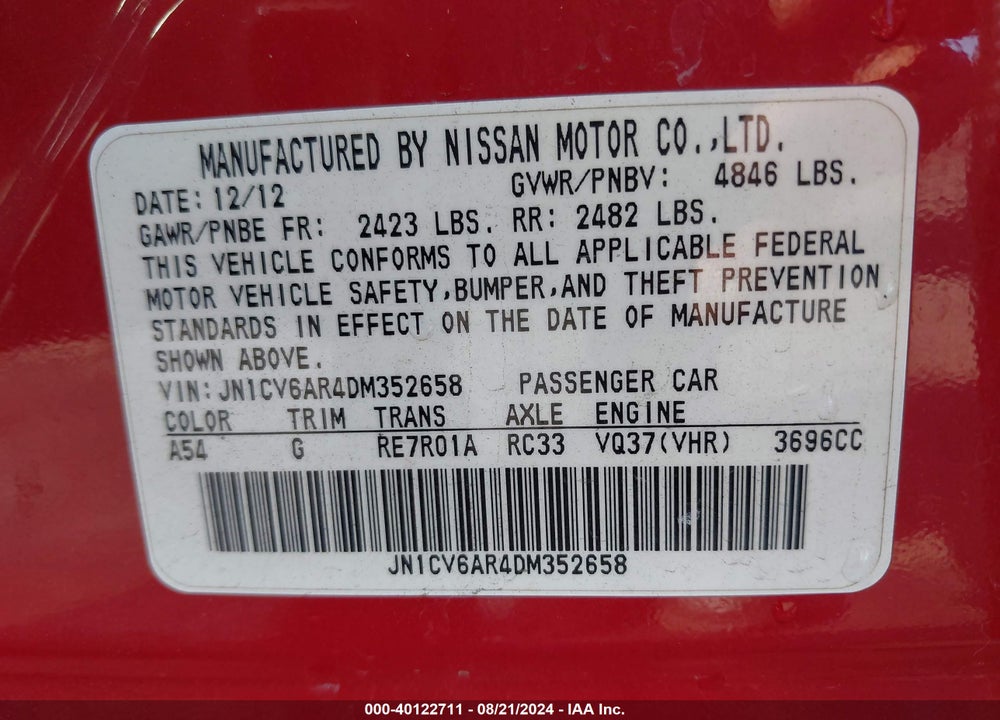 2013 INFINITI G37X VIN: JN1CV6AR4DM352658
