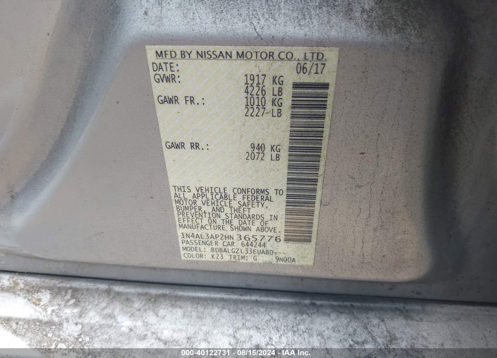 2017 NISSAN ALTIMA 2.5 S VIN: 1N4AL3AP2HN365776