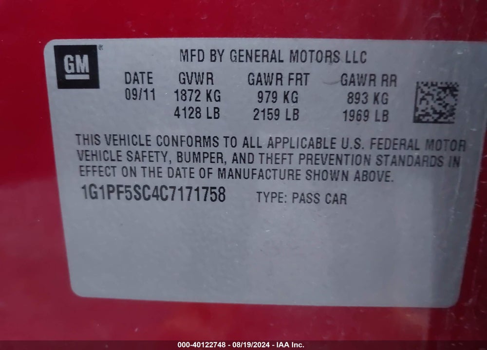 2012 CHEVROLET CRUZE 1LT VIN: 1G1PF5SC4C7171758