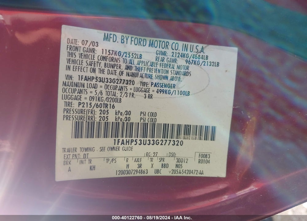 2003 FORD TAURUS SE VIN: 1FAHP53U33G277320