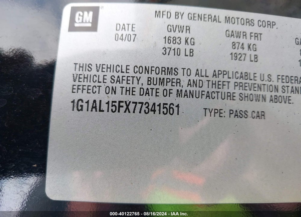 2007 CHEVROLET COBALT LT VIN: 1G1AL15FX77341561