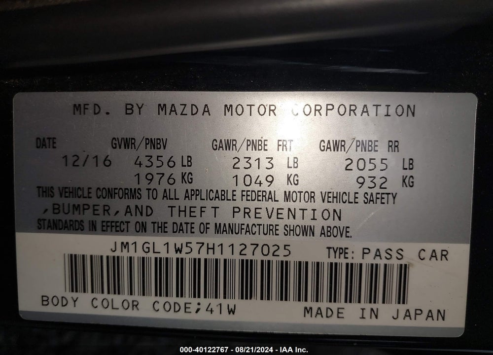 2017 MAZDA 6 GRAND TOURING VIN: JM1GL1W57H1127025