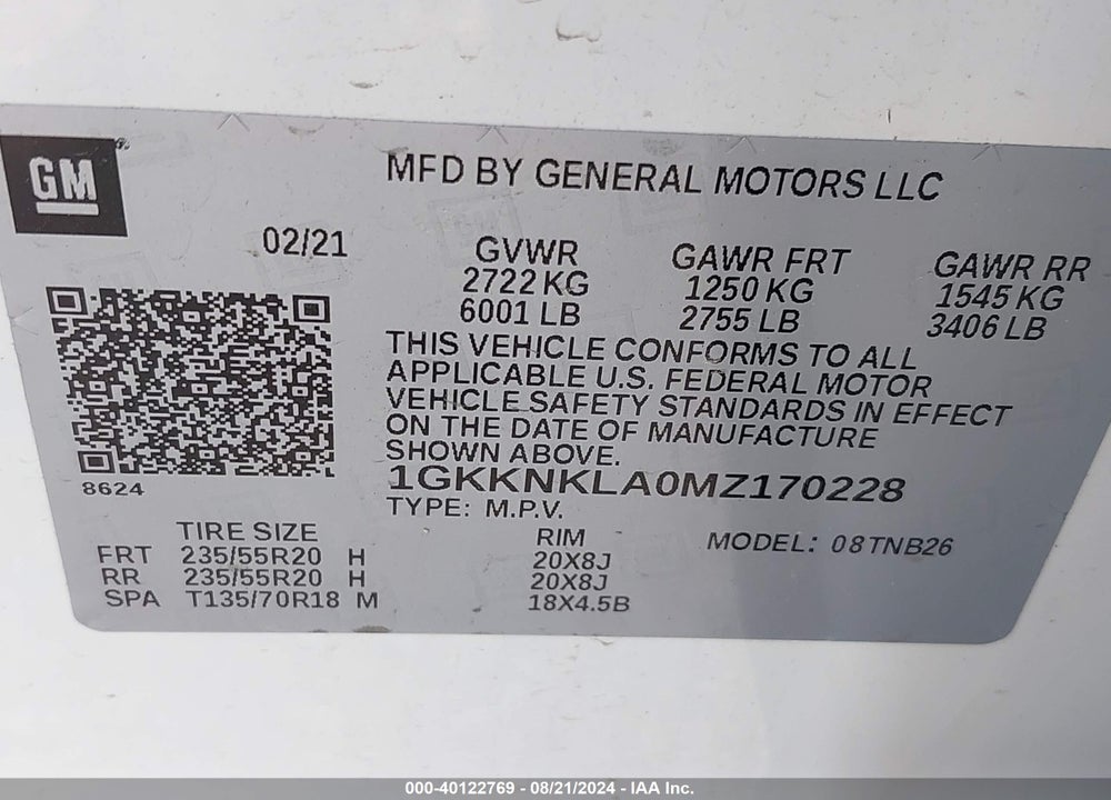 2021 GMC ACADIA FWD SLE VIN: 1GKKNKLA0MZ170228