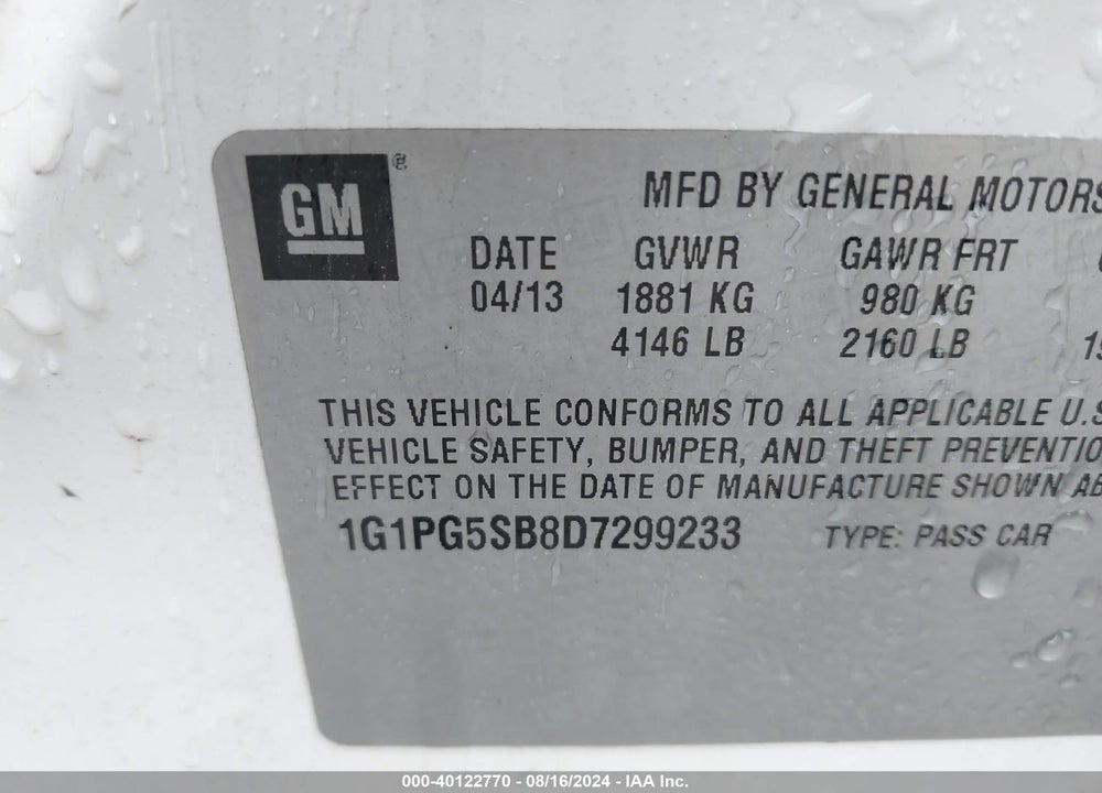 2013 CHEVROLET CRUZE LTZ VIN: 1G1PG5SB8D7299233