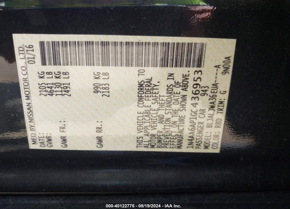2016 NISSAN MAXIMA 3.5 SV VIN: 1N4AA6AP1GC436953