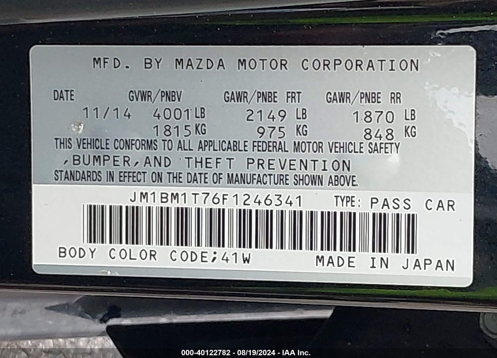 2015 MAZDA 3 I SV VIN: JM1BM1T76F1246341