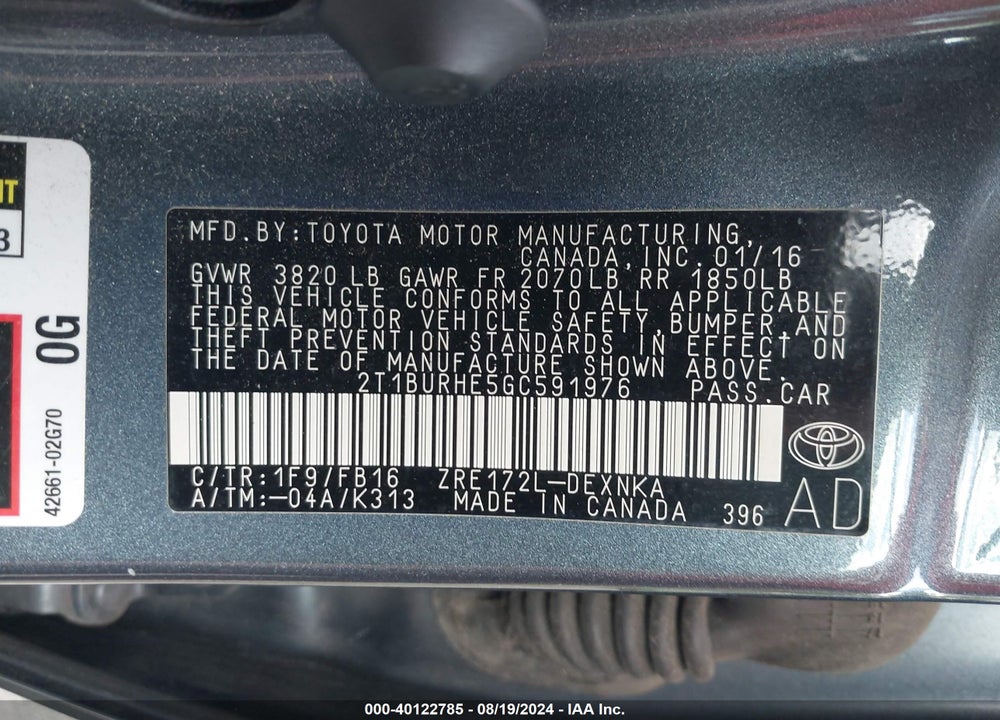 2016 TOYOTA COROLLA LE VIN: 2T1BURHE5GC591976