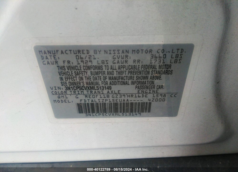2021 NISSAN KICKS SV XTRONIC CVT VIN: 3N1CP5CVXML513149