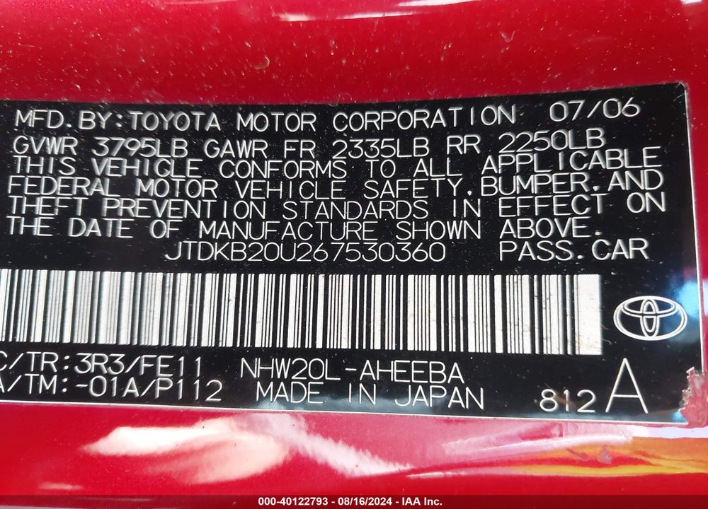 2006 TOYOTA PRIUS VIN: JTDKB20U267530360