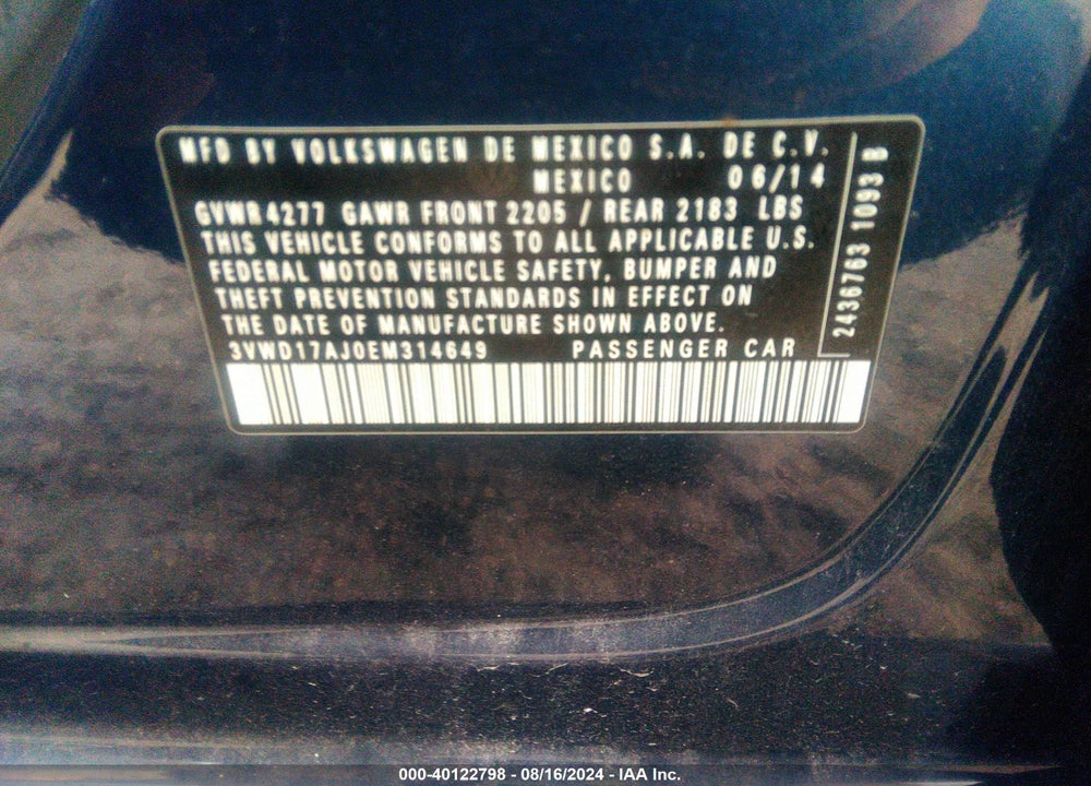 2014 VOLKSWAGEN JETTA 1.8T SE VIN: 3VWD17AJ0EM314649