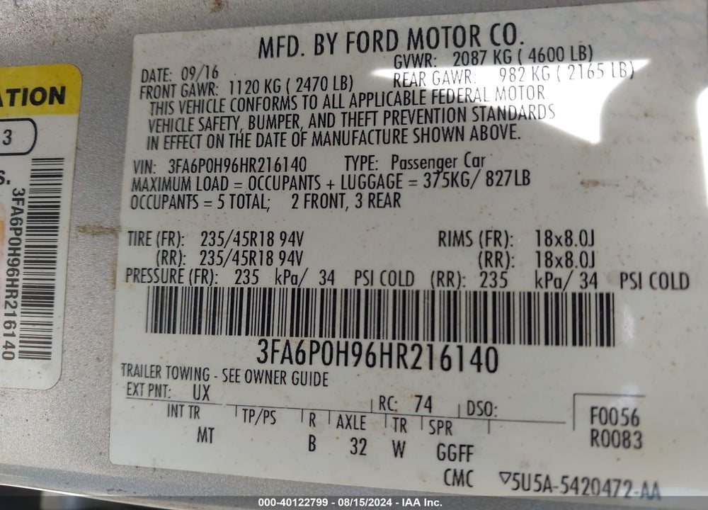 2017 FORD FUSION SE VIN: 3FA6P0H96HR216140