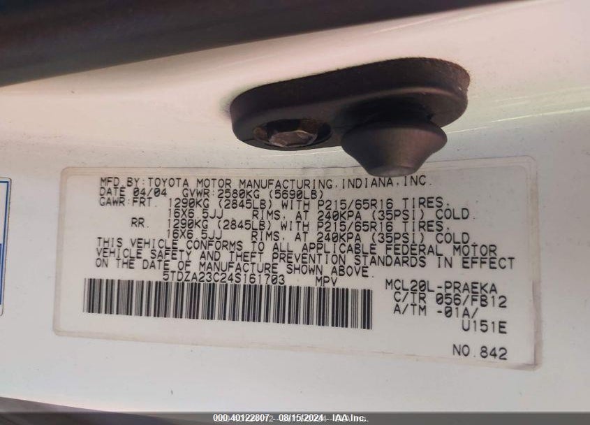2004 TOYOTA SIENNA LE VIN: 5TDZA23C24S161703