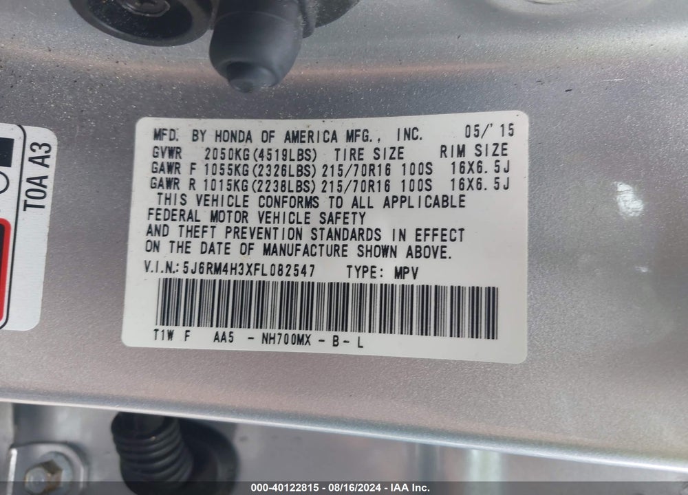 2015 HONDA CR-V LX VIN: 5J6RM4H3XFL082547