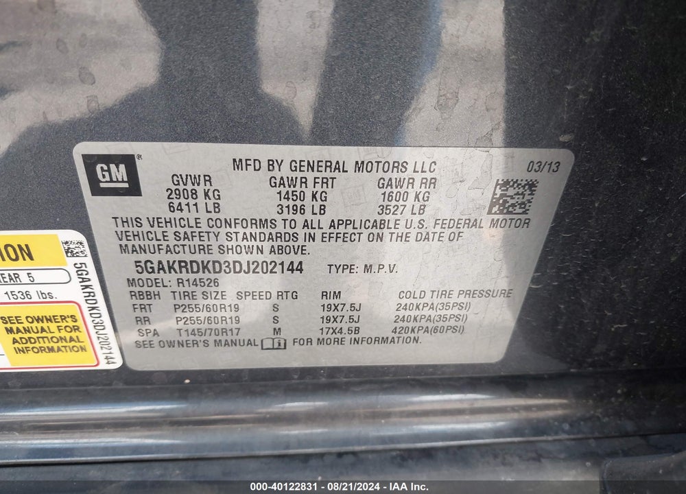 2013 BUICK ENCLAVE PREMIUM VIN: 5GAKRDKD3DJ202144