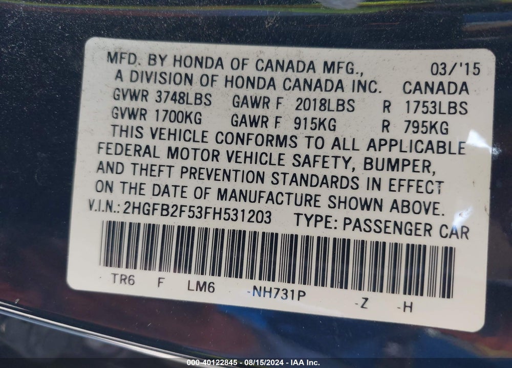 2015 HONDA CIVIC LX VIN: 2HGFB2F53FH531203