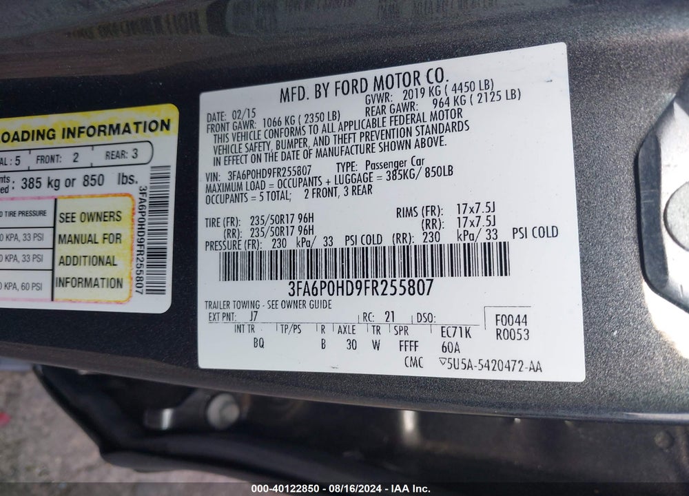 2015 FORD FUSION VIN: 3FA6P0HD9FR255807