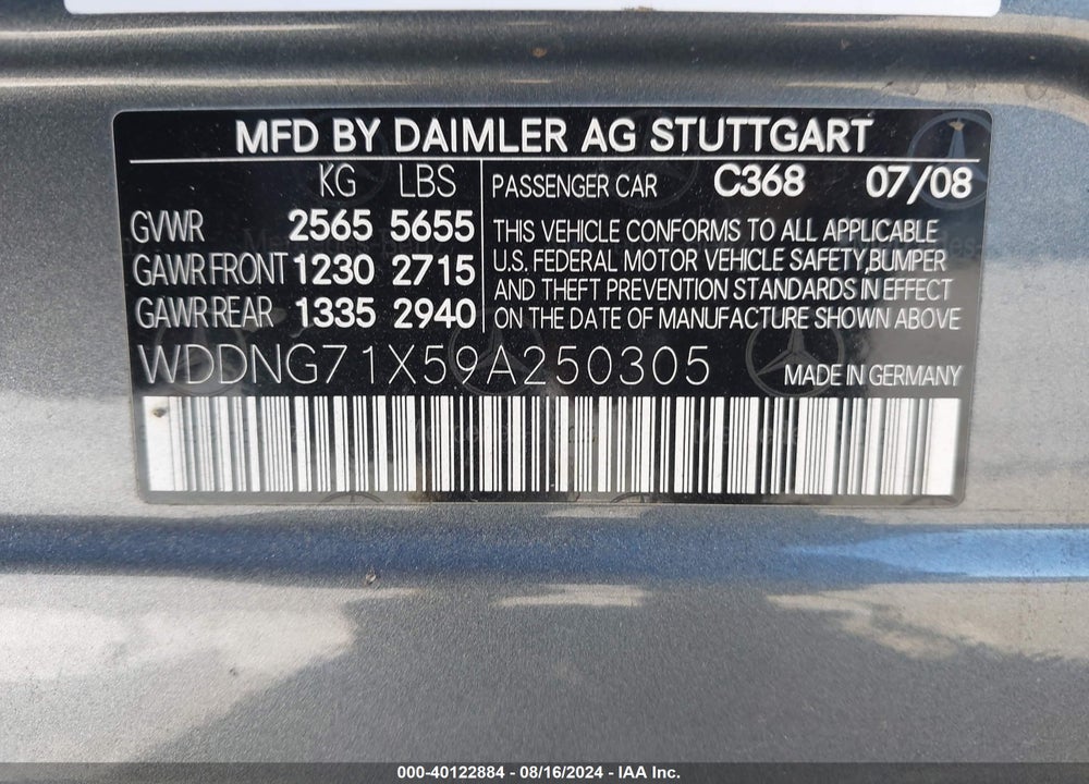 2009 MERCEDES-BENZ S 550 VIN: WDDNG71X59A250305