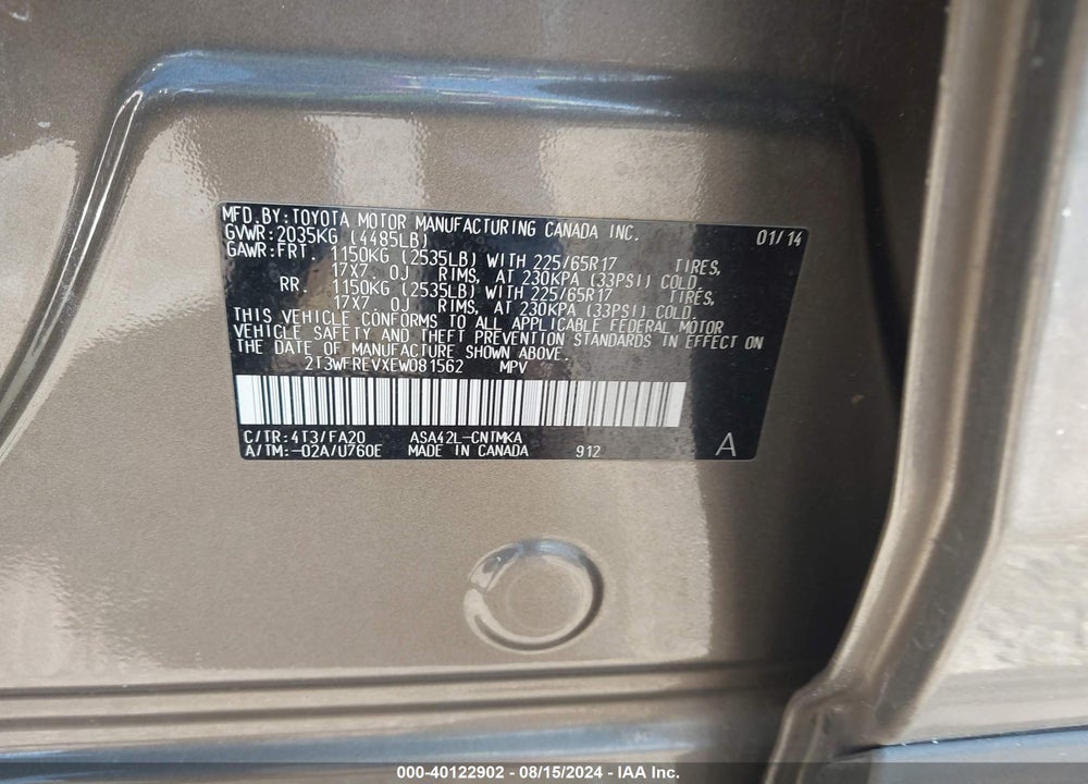 2014 TOYOTA RAV4 XLE VIN: 2T3WFREVXEW081562