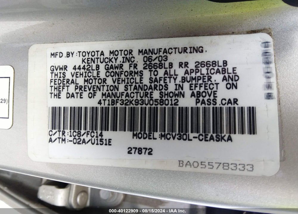 2003 TOYOTA CAMRY SE V6 VIN: 4T1BF32K93U058012