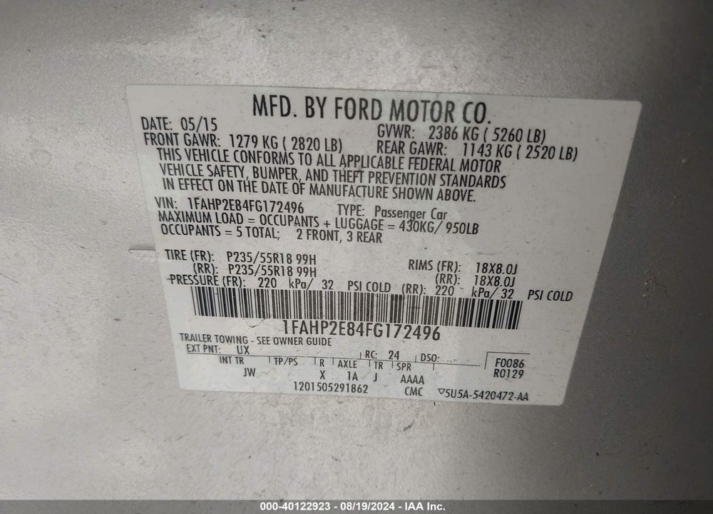 2015 FORD TAURUS SEL VIN: 1FAHP2E84FG172496
