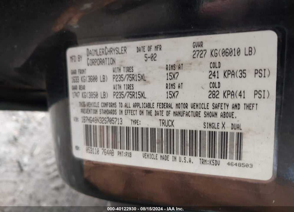 2002 DODGE DAKOTA SLT VIN: 1B7HG48N32S705713