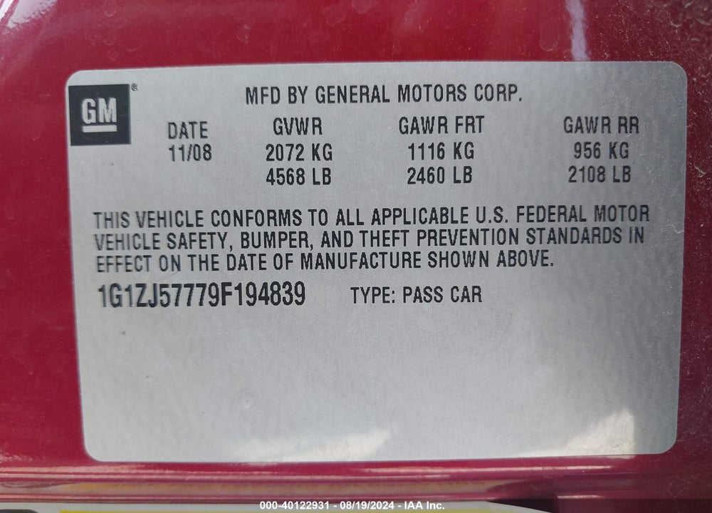 2009 CHEVROLET MALIBU VIN: 1G1ZJ57779F194839