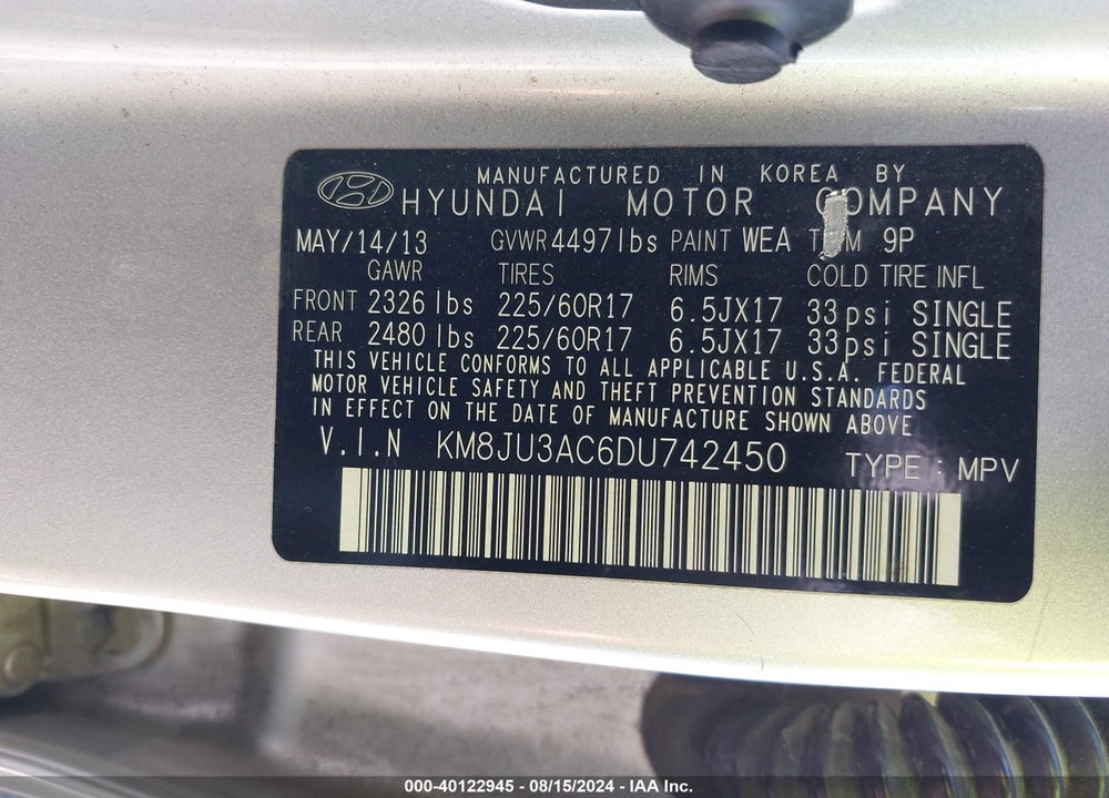 2013 HYUNDAI TUCSON GLS VIN: KM8JU3AC6DU742450
