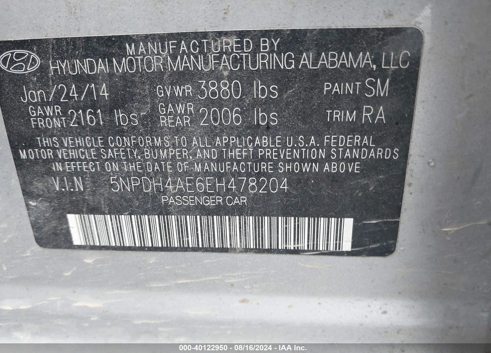 2014 HYUNDAI ELANTRA SE VIN: 5NPDH4AE6EH478204