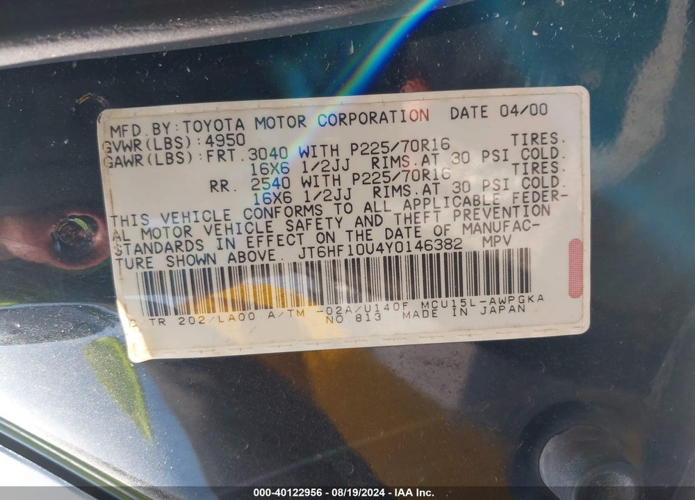 2000 LEXUS RX 300 VIN: JT6HF10U4Y0146382