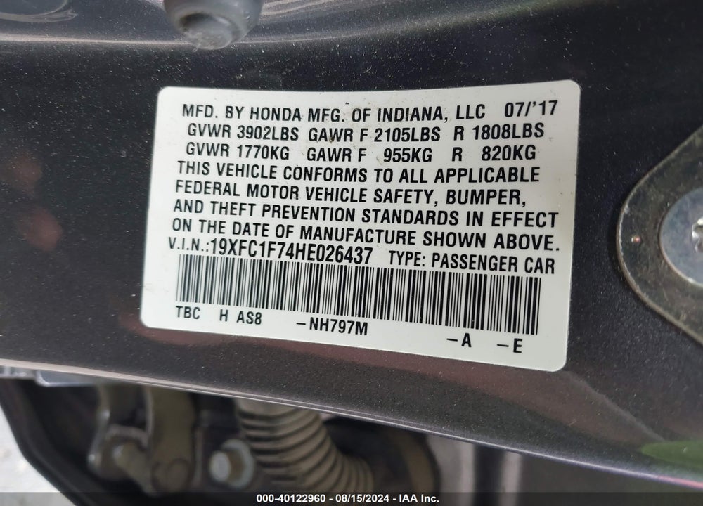 2017 HONDA CIVIC EX-L VIN: 19XFC1F74HE026437