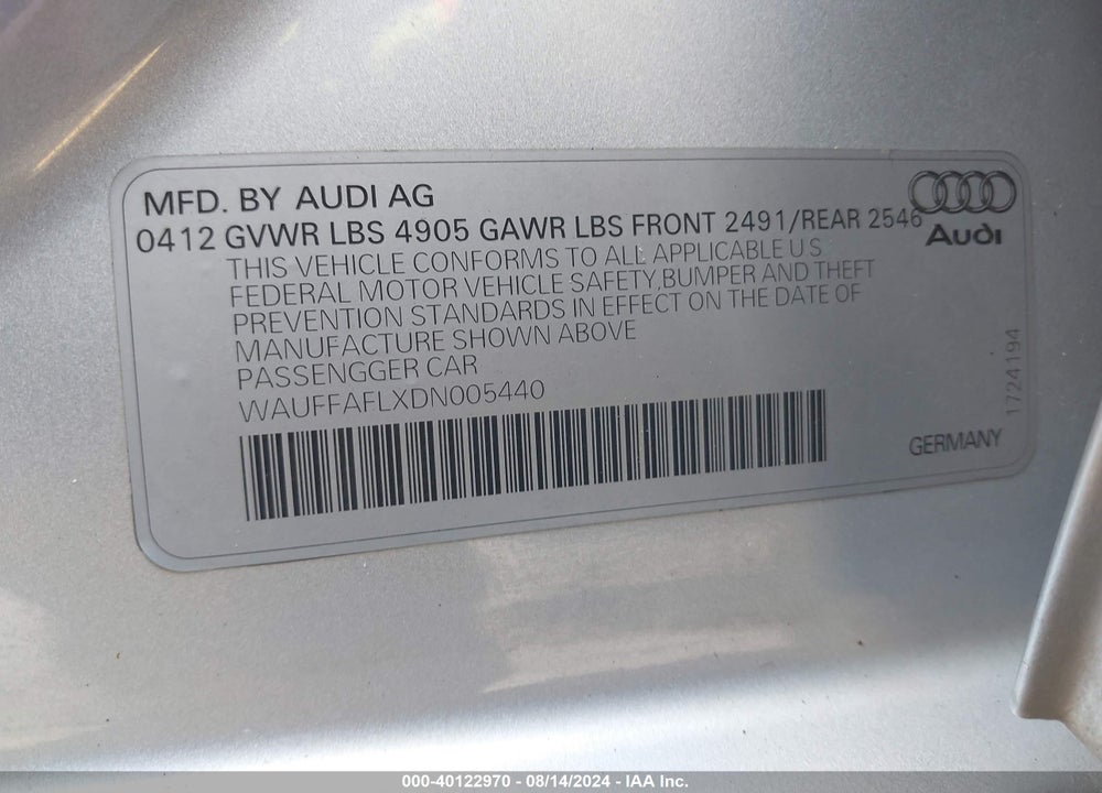 2013 AUDI A4 2.0T PREMIUM VIN: WAUFFAFLXDN005440