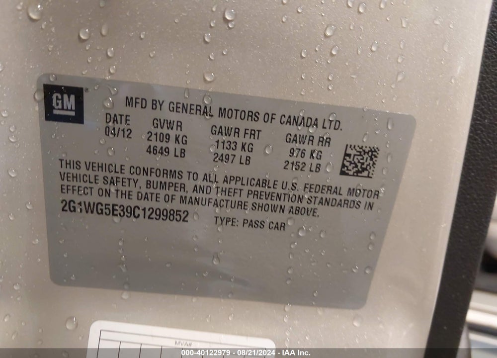 2012 CHEVROLET IMPALA LT VIN: 2G1WG5E39C1299852