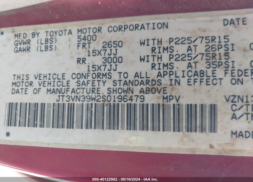 1995 TOYOTA 4RUNNER VN39 SR5 VIN: JT3VN39W2S0196479