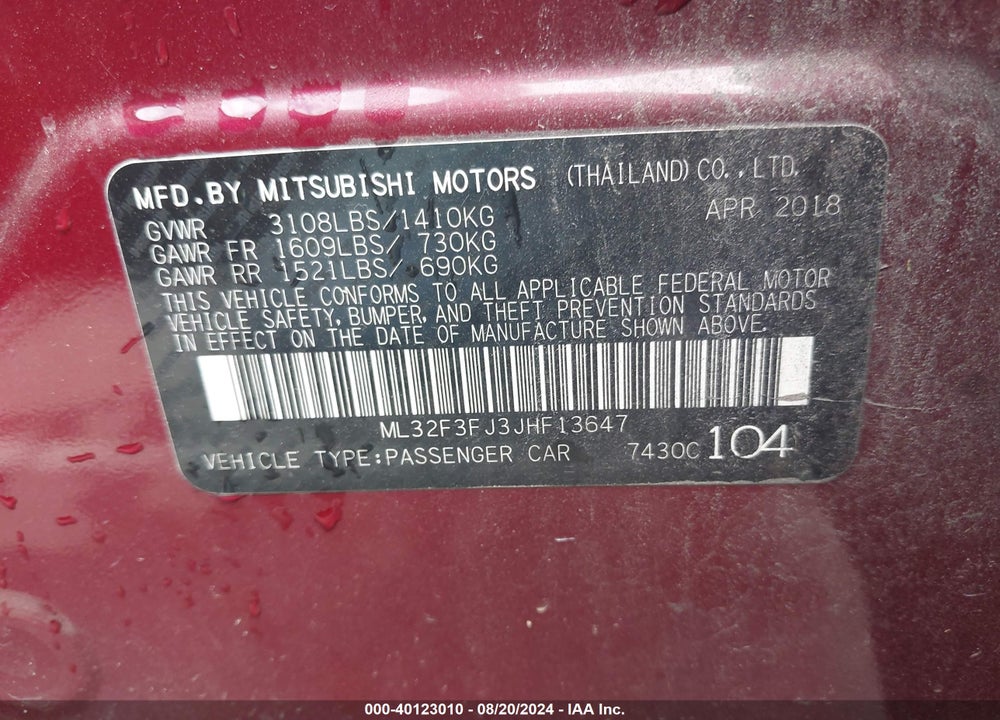 2018 MITSUBISHI MIRAGE G4 ES VIN: ML32F3FJ3JHF13647