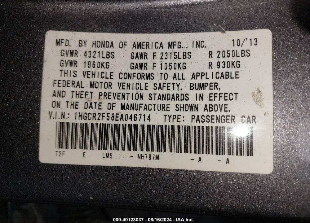 2014 HONDA ACCORD SPORT VIN: 1HGCR2F58EA046714