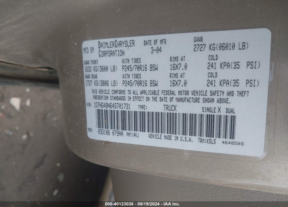 2004 DODGE DAKOTA SLT VIN: 1D7HG48N64S701731
